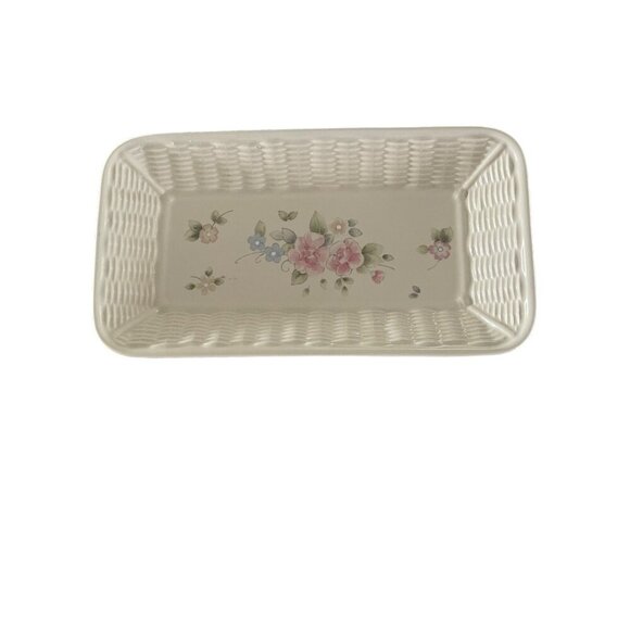 Pfaltzgraff USA Rectangular Floral Basketweave Ceramic Serving/Bread Tray - Picture 1 of 6
